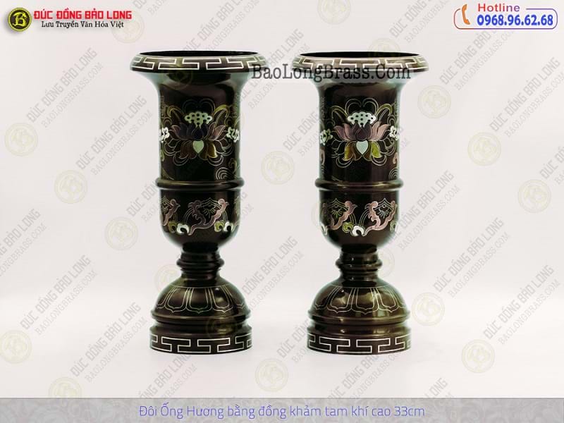 Ống Nhang Bằng Đồng Khảm Tam Khí Cao 33cm (giá lẻ)
