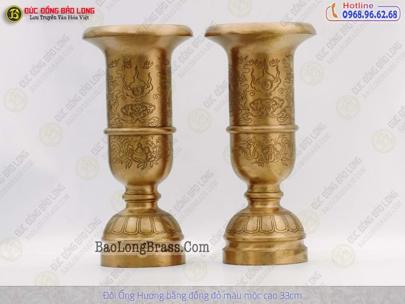 Ống Nhang Rồng Chầu Bằng Đồng Đỏ Màu Mộc Cao 33cm