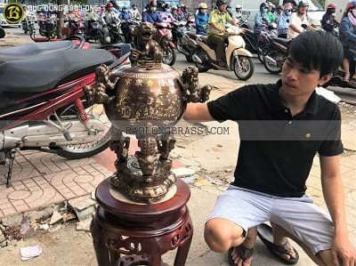 Đỉnh Thất Lân Vờn Cầu Bằng Đồng Khảm Tam Khí cao 6 tấc (60cm) tại Sài Gòn TPHCM