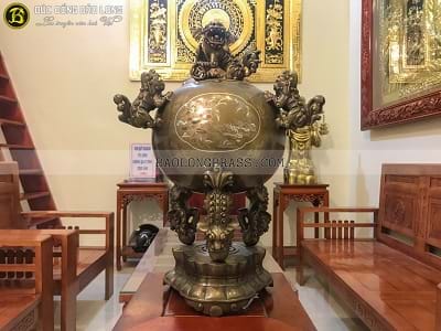 Đỉnh Thất Lân Vờn Cầu cao 6 tấc (60cm) Bằng Đồng Vàng Khảm Tam Khí tại Sài Gòn TPHCM