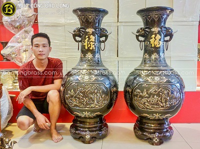 Đôi Lọ Lộc Bình Tai Voi Bằng Đồng cao trên 1m (1m27) Khảm Tam Khí, chữ Dát Vàng tại Sài Gòn TPHCM