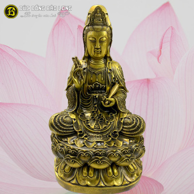  Tượng Đồng Phật Bà Quan Âm ngồi bệ áo hoa màu giả cổ cao 4 tấc ( 45 cm ) ở Sài Gòn TPHCM