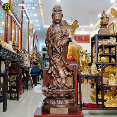  Tượng Đồng Phật Bà Quan Âm Đứng Đài Sen Màu Giả Cổ cao 1m27 ở Sài Gòn TPHCM