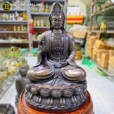  Tượng Đồng Phật Bà Quan Âm ngồi bệ màu giả cổ cao 4 tấc ( 40 cm ) ở Sài Gòn TPHCM