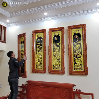 Tranh Đồng Tứ Quý Mạ Vàng 24k Khung Gõ Đỏ đục đẹp 1m33x47cm tại Sài Gòn TPHCM