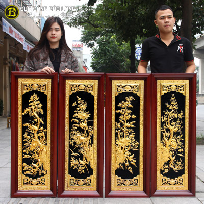 Tranh Tứ Quý Bằng Đồng Mạ Vàng 1m07x39cm Khung Gỗ Chò Chỉ tại Sài Gòn TPHCM