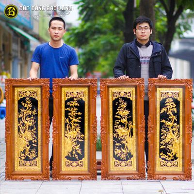 Tranh Tứ Quý Bằng Đồng Mạ Vàng 1m07x46cm Khung Gõ Đỏ tại Sài Gòn TPHCM