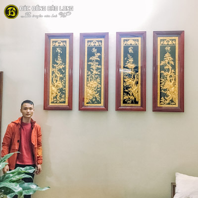 Tranh Tứ Qúy Bằng Đồng Mạ Vàng1m1x40cm Khung Gỗ Hương tại Sài Gòn TPHCM