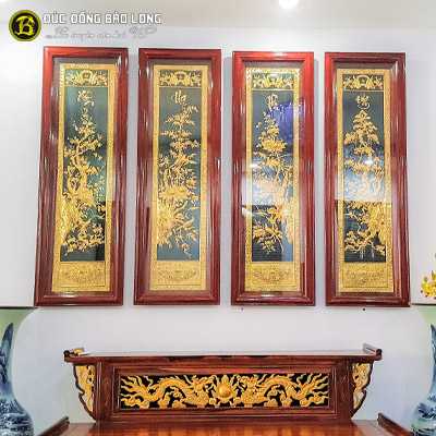 Tranh Tứ Quý Bằng Đồng Mạ Vàng 1m27x40cm Khung Gỗ Chò Chỉ tại Sài Gòn TPHCM