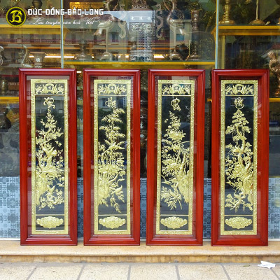 Tranh Tứ Quý Bằng Đồng 1m27x42cm Khung Gỗ Gụ tại Sài Gòn TPHCM