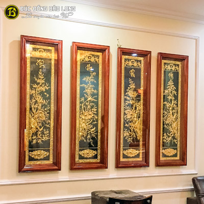 Tranh Tứ Quý Bằng Đồng Mạ Vàng 1m27x42 Khung Gỗ Hương tại Sài Gòn TPHCM