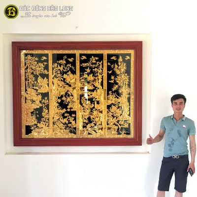 Tranh Tứ Quý Bằng Đồng Mạ Vàng 1m84x1m48 Khung Gỗ Hương tại Sài Gòn TPHCM
