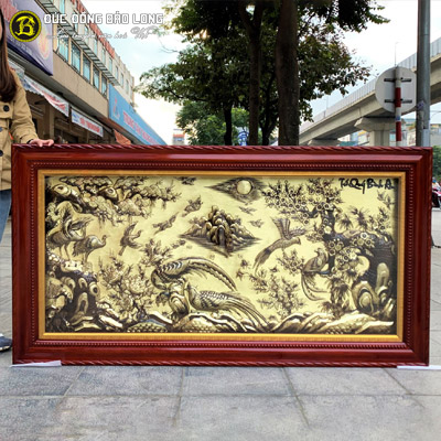 Tranh Tứ Quý Bình An Bằng Đồng Hàng Dập Nền Xước 1m7x90cm tại Sài Gòn TPHCM