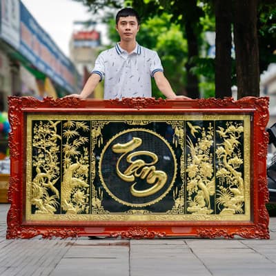Tranh Tứ Quý Chữ Tâm Bằng Đồng Khung Gỗ Gụ 1m97x1m07 tại Sài Gòn TPHCM