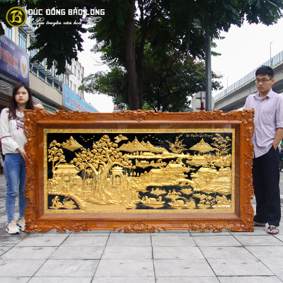 Tranh Đồng Quê Bằng Đồng Mạ Vàng 2m37x1m27 Khung Gõ Đỏ Tại Sài Gòn TPHCM
