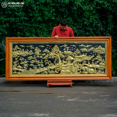 Bức tranh đồng quê bằng đồng chạm thủ công khung gỗ gõ đỏ cao cấp 2m62 x 1m08 Tại Sài Gòn TPHCM