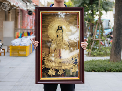 Tranh Khắc Đồng Phật Bà Quan Âm Ngồi Đài Sen Khổ 50Cm x 80Cm tại Sài Gòn TPHCM