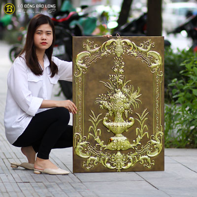 Tranh Đồng Bình Hoa tân cổ Điển Màu Giả Cổ khung đồng 88x61cm tại Sài Gòn TPHCM