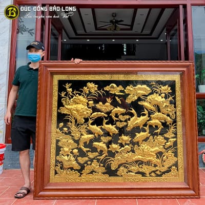Tranh Cửu Ngư Quần Hội Bằng Đồng Mạ Vàng 1m4x1m7 Khung Gỗ Gụ tại Sài Gòn TPHCM