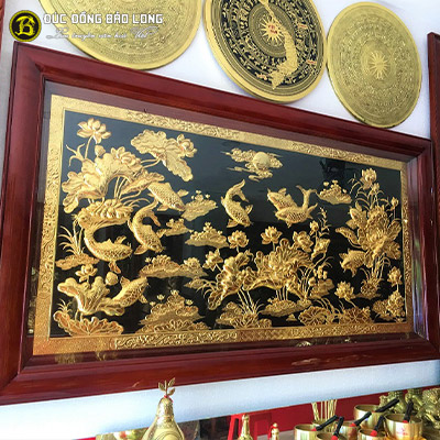 Tranh Cửu Ngư Quần Hội Bằng Đồng Mạ Vàng 1m55x88cm Khung Gỗ Gụ tại Sài Gòn TPHCM