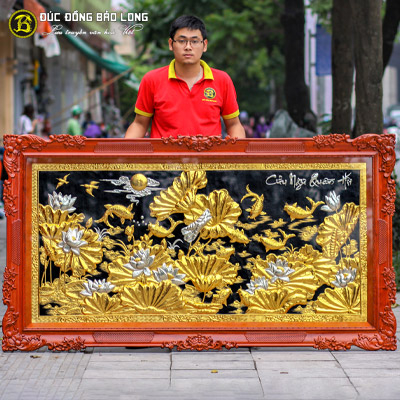 Tranh Cá Cửu Ngư Quần Hội Mạ Vàng, Dát Bạc Khung Gỗ Hương 2mx1m1 tại Sài Gòn TPHCM