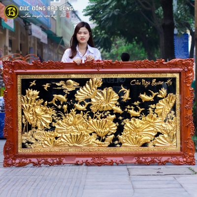 Tranh Cửu Ngư Quần Hội Mạ Vàng 2m03x1m12 Khung Gỗ Hương tại Sài Gòn TPHCM
