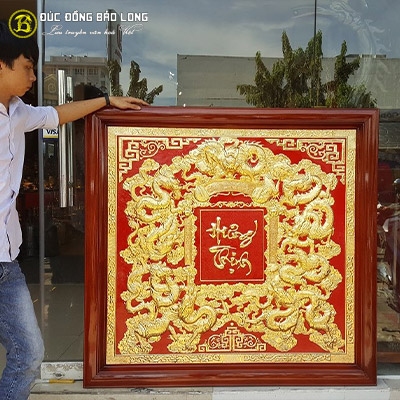 Tranh Cửu Long Bằng Đồng Mạ Vàng Khung Gỗ Gụ Khổ Vuông 1m33 tại Sài Gòn TPHCM
