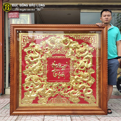 Tranh Cửu Long Bằng Đồng Mạ Vàng Khung Gõ Đỏ Khổ vuông 1m36 tại Sài Gòn TPHCM