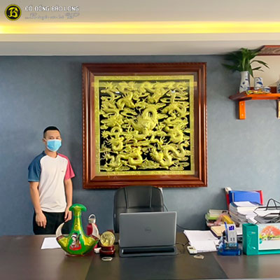 Tranh Đồng Cửu Long Quần Tụ Mạ Vàng khung Gõ Đỏ 1m33 tại Sài Gòn TPHCM