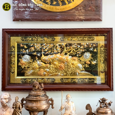 Tranh Công Mai Dát Vàng, Dát Bạc 1m55x88cm Khung Gỗ Gụ tại Sài Gòn TPHCM