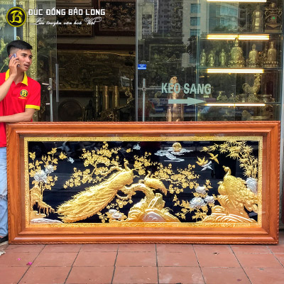 Tranh Công Mai Mạ Vàng Dát Bạc 2m11 x 1m01 Khung Gõ Đỏ tại Sài Gòn TPHCM