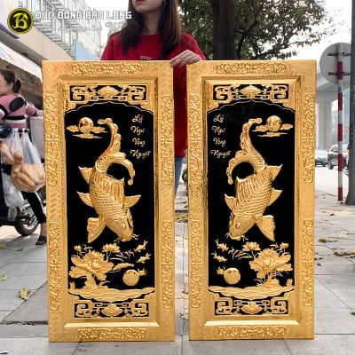 Tranh Lý Ngư Vọng Nguyệt Khung Đồng Mạ Vàng 1m1x50cm tại Sài Gòn TPHCM