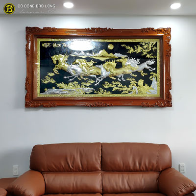 Tranh Đồng Bát Mã Mạ Vàng Dát Bạc khung Gõ Đỏ 2m01x1m11 tại Sài Gòn TPHCM