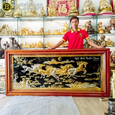 Tranh Bát Mã Mạ Vàng, Dát Bạc 2m11x1m01 Khung Gõ Đỏ tại Sài Gòn TPHCM