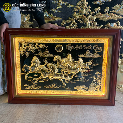 Tranh Bát Mã Bằng Đồng Mạ Vàng 88cmx61cm Khung Chò Chỉ tại Sài Gòn TPHCM