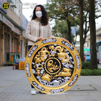 Tranh Mâm Đồng Tứ Linh Chữ Phúc Dát Vàng Bạc ĐK 1m tại Sài Gòn TPHCM