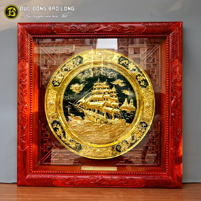 Tranh Mâm Đồng Thuận Buồm Xuôi Gió Mạ Vàng khung gỗ gụ khổ 89cm tại Sài Gòn TPHCM