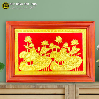 Tranh Hoa Sen Bằng Đồng Mạ Vàng khổ 61cmx88cm Nền Đỏ tại Sài Gòn TPHCM
