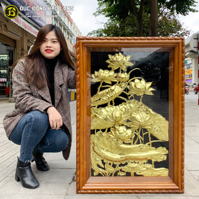 Tranh Hoa Sen Bằng Đồng 88cmx61cm Khung Gỗ Gõ Đỏ tại Sài Gòn TPHCM