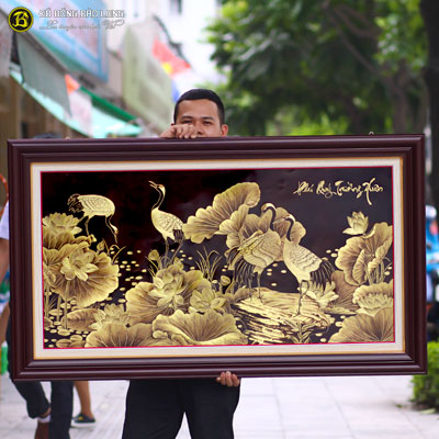 Tranh Khắc Đồng Sen Hạc Phú Quý Trường Xuân 1m55x81cm tại Sài Gòn TPHCM