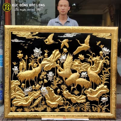 Tranh Sen Hạc Bằng Đồng Mạ Vàng, Dát Bạc 1m55x1m27 Khung Liền Đồng tại Sài Gòn TPHCM