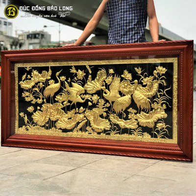 Tranh Sen Hạc Mạ Vàng 1m55x88cm Khung Gỗ Chò Chỉ tại Sài Gòn TPHCM