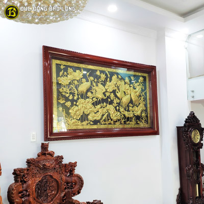 Tranh Sen Hạc Bằng Đồng 2m17x1m27 Khung Gỗ Hương tại Sài Gòn TPHCM