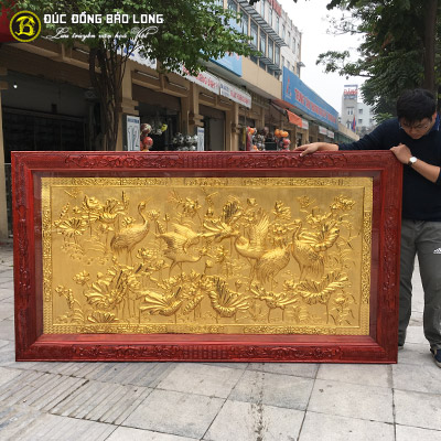 Tranh Sen Hạc Bằng Đồng Mạ Vàng 2m31x1m27 Khung Gỗ Hương tại Sài Gòn TPHCM