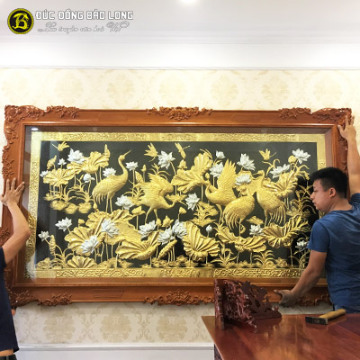Tranh Sen Hạc Mạ Vàng, Dát Bạc 2m37x1m33 Khung Gõ Đỏ tại Sài Gòn TPHCM