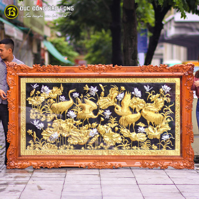 Tranh Sen Hạc Mạ Vàng Dát Bạc 2m37x1m33 Khung Gỗ Gõ Đỏ tại Sài Gòn TPHCM