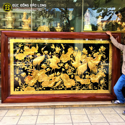 Tranh Sen Hạc Bằng Đồng Mạ Vàng 2m62x1m55 Khung Chò Chỉ tại Sài Gòn TPHCM