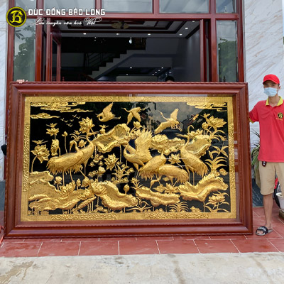 Tranh Sen Hạc Bằng Đồng Mạ Vàng 2m76x1m72 Khung Gỗ Gụ tại Sài Gòn TPHCM