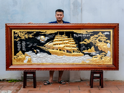 Tranh Thuận Buồm Xuôi Gió Bằng Đồng Dát Bạc Dát Vàng 9999 Khổ 2m4 x 1m Khung gỗ gụ tại Sài Gòn TPHCM