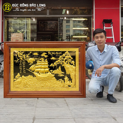 Tranh Thuận Buồm Xuôi Gió Bằng Đồng Mạ Vàng 1m27x88cm Khung Gõ tại Sài Gòn TPHCM